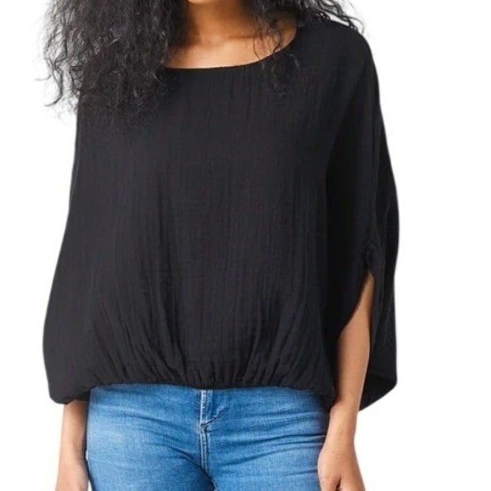 Stark X  Wide Body Elastic Top M Black Crinkle Quaze Cotton Batwing Blouse USA